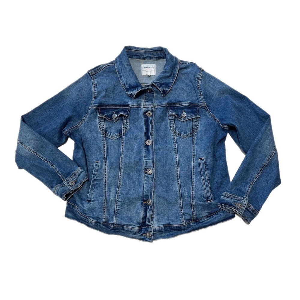 Torrid Jean Jacket Womens Plus Size 2X Blue Trucker Stretch Distressed